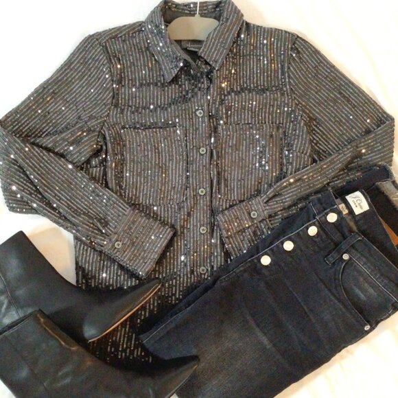 NWT Anthropologie Sequine Buttonup Shirt in Silver/Grey Sz S - Picture 1 of 6